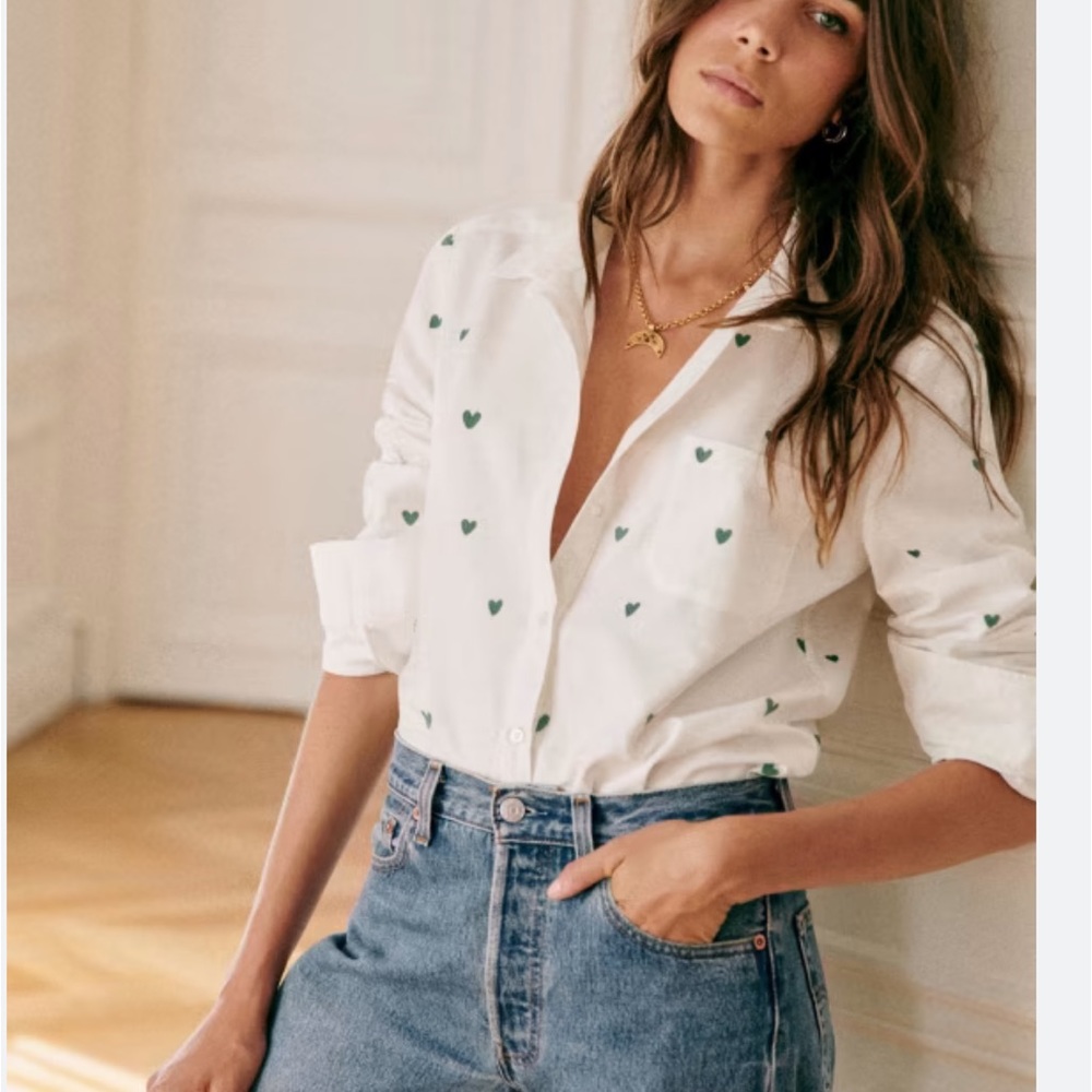 Sezane White and Green Heart Print Blouse